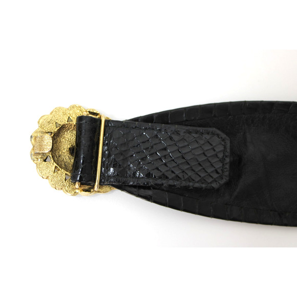 Vintage 80s Morris Moskowitz Black Snake Skin Wide Leather Belt & Buckle M main image 14